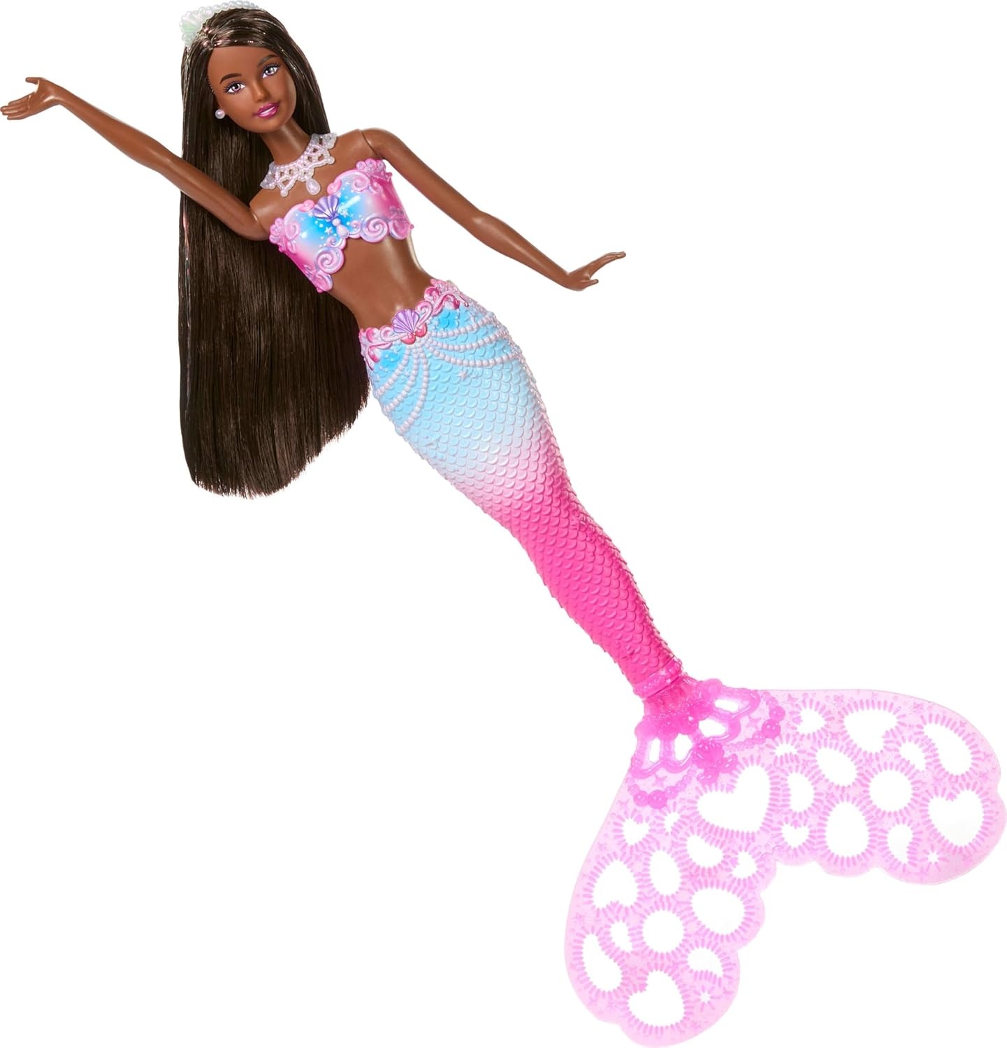 imageBarbie Bubble Sparkle Mermaid Doll with BubbleMaking Feature amp Solution Tray amp Hairbrush Plus Long ColorStreaked Brunette Hair
