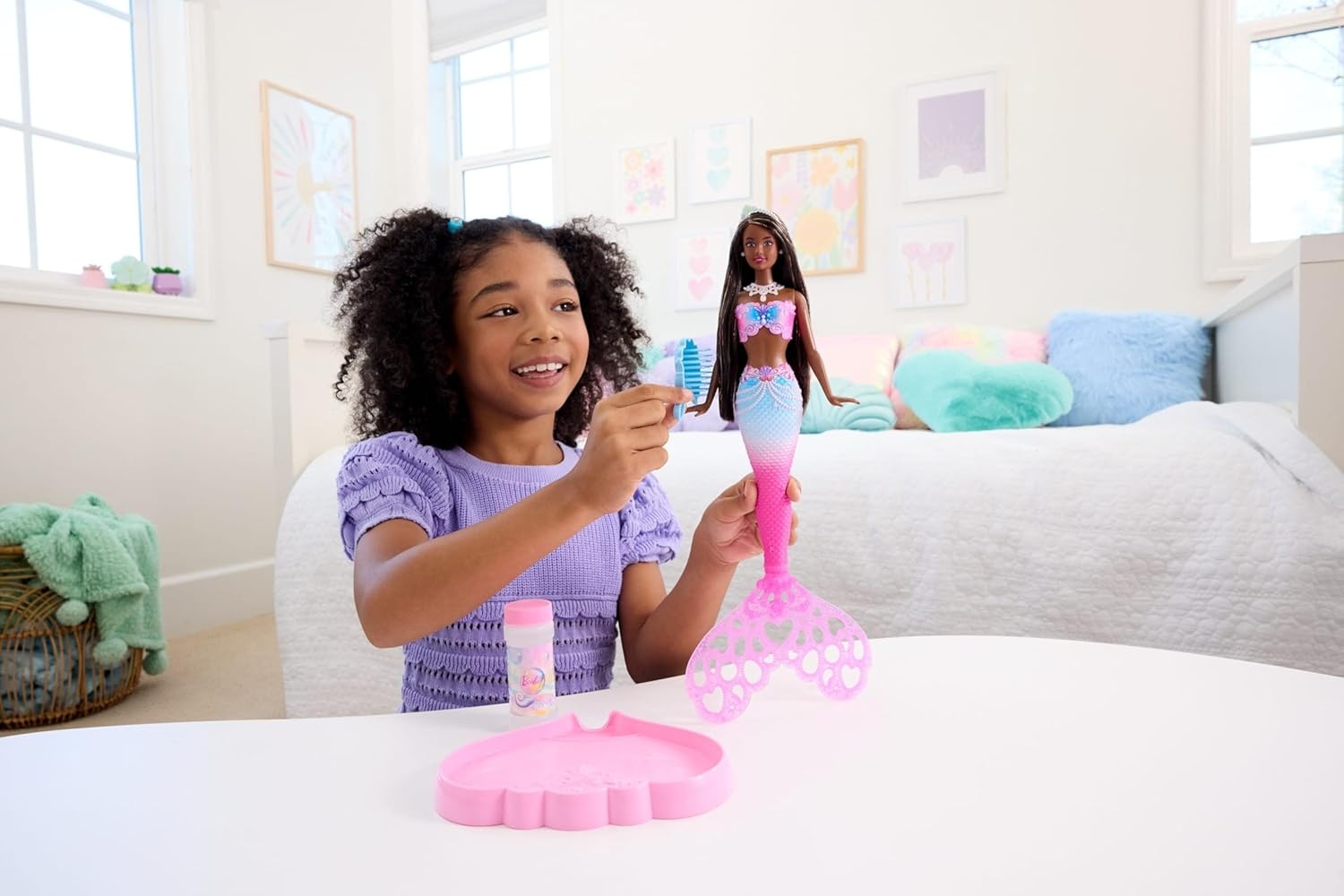 imageBarbie Bubble Sparkle Mermaid Doll with BubbleMaking Feature amp Solution Tray amp Hairbrush Plus Long ColorStreaked Brunette Hair