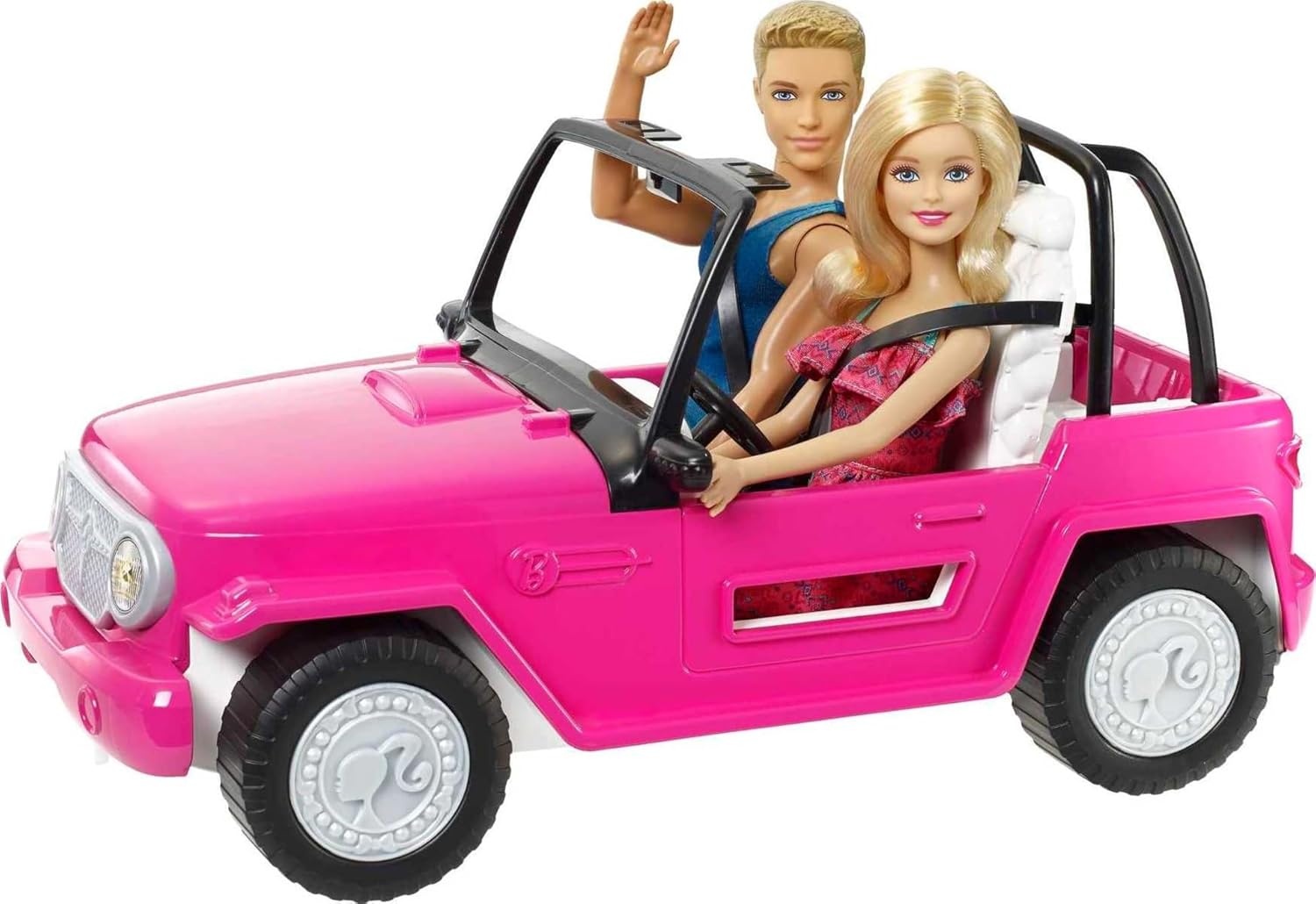 imageBarbie Car Beach Cruiser with Barbie Doll in Sundress amp Ken Doll in Beach Outfit Pink 2Seater Open Toy Car