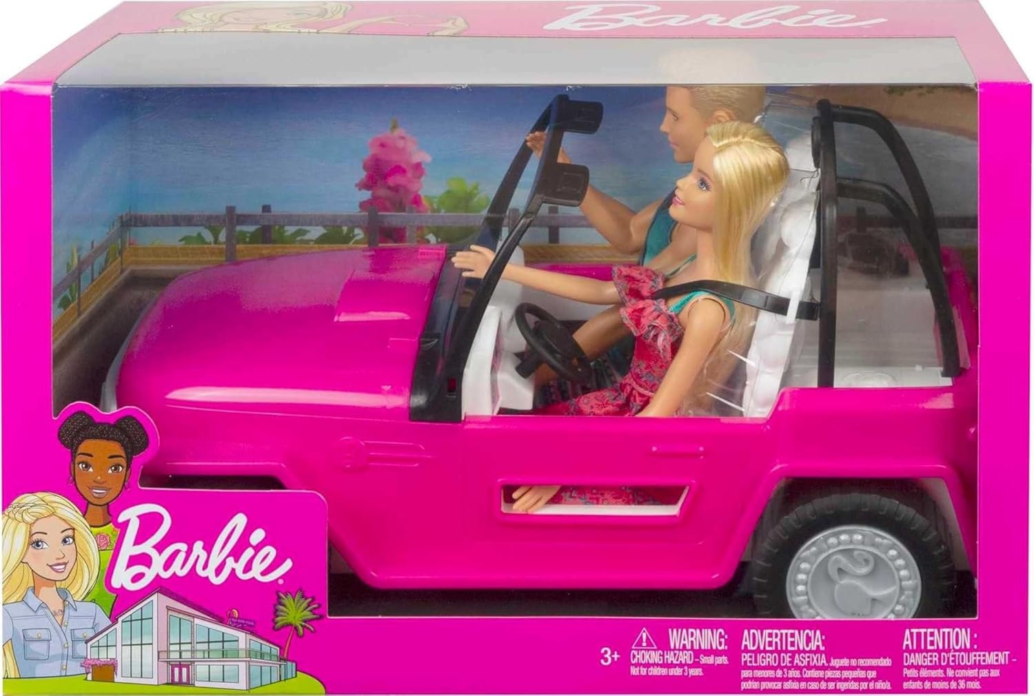imageBarbie Car Beach Cruiser with Barbie Doll in Sundress amp Ken Doll in Beach Outfit Pink 2Seater Open Toy Car