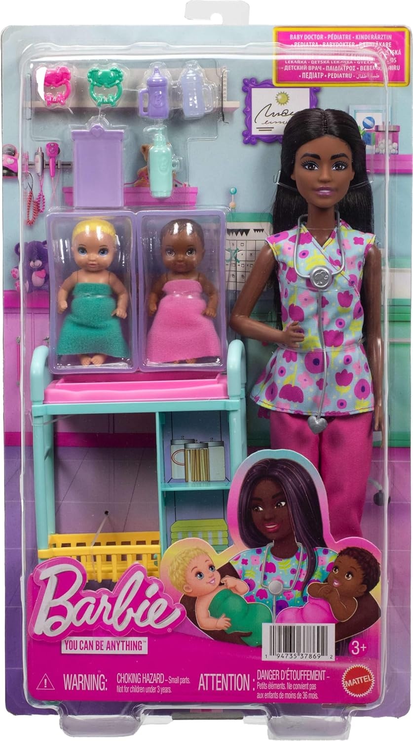 imageBarbie Careers Baby Doctor Playset with Brunette Doll Wearing Scrubs 2 Baby Dolls Examination Table amp AccessoriesMulticolor
