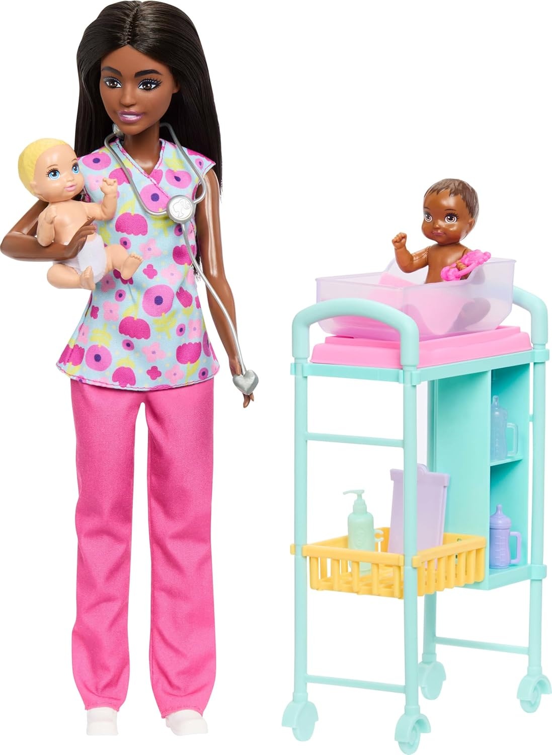 imageBarbie Careers Baby Doctor Playset with Brunette Doll Wearing Scrubs 2 Baby Dolls Examination Table amp AccessoriesMulticolor