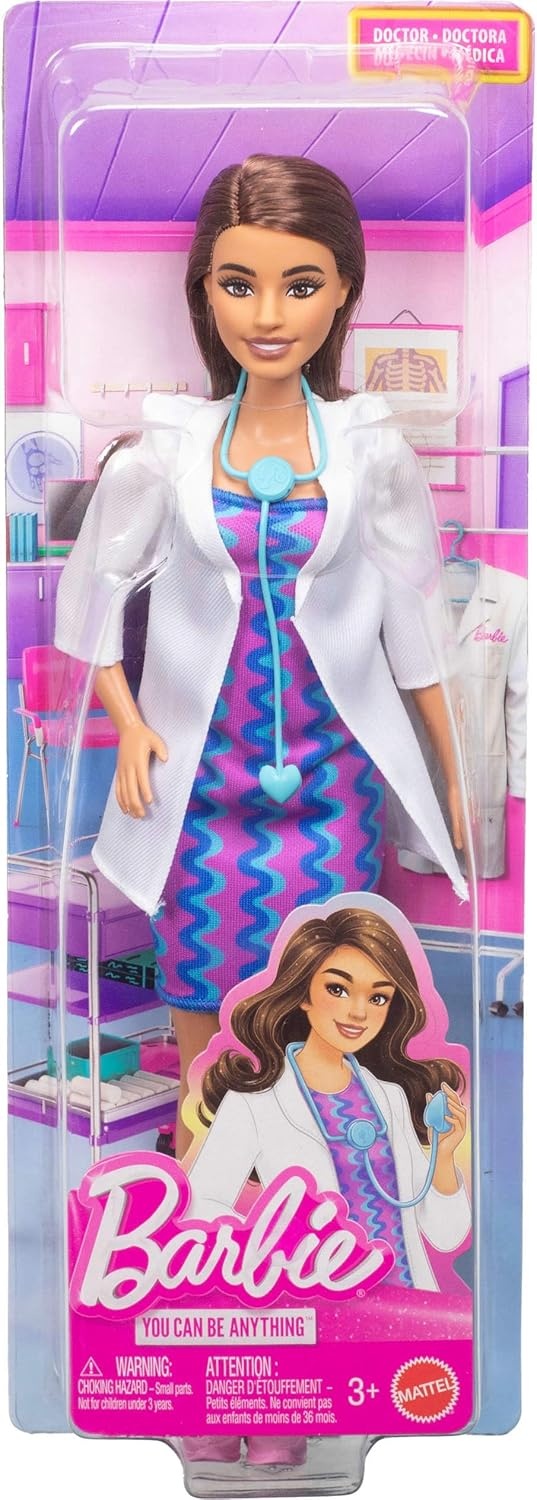 imageBarbie Careers Doctor Fashion Doll Wearing Removable Look with White Coat Dress amp Shoes Plus Stethoscope Accessory