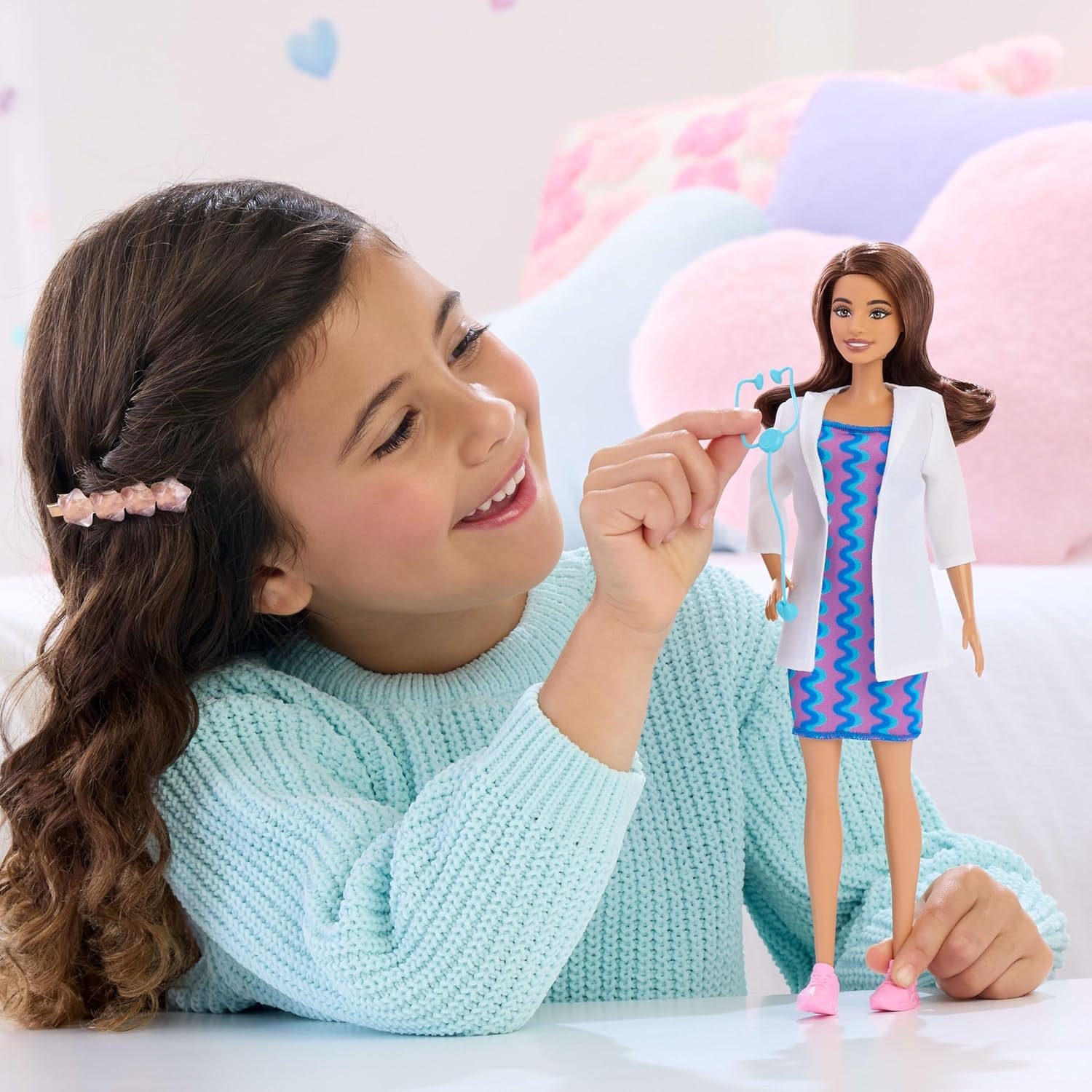 imageBarbie Careers Doctor Fashion Doll Wearing Removable Look with White Coat Dress amp Shoes Plus Stethoscope Accessory