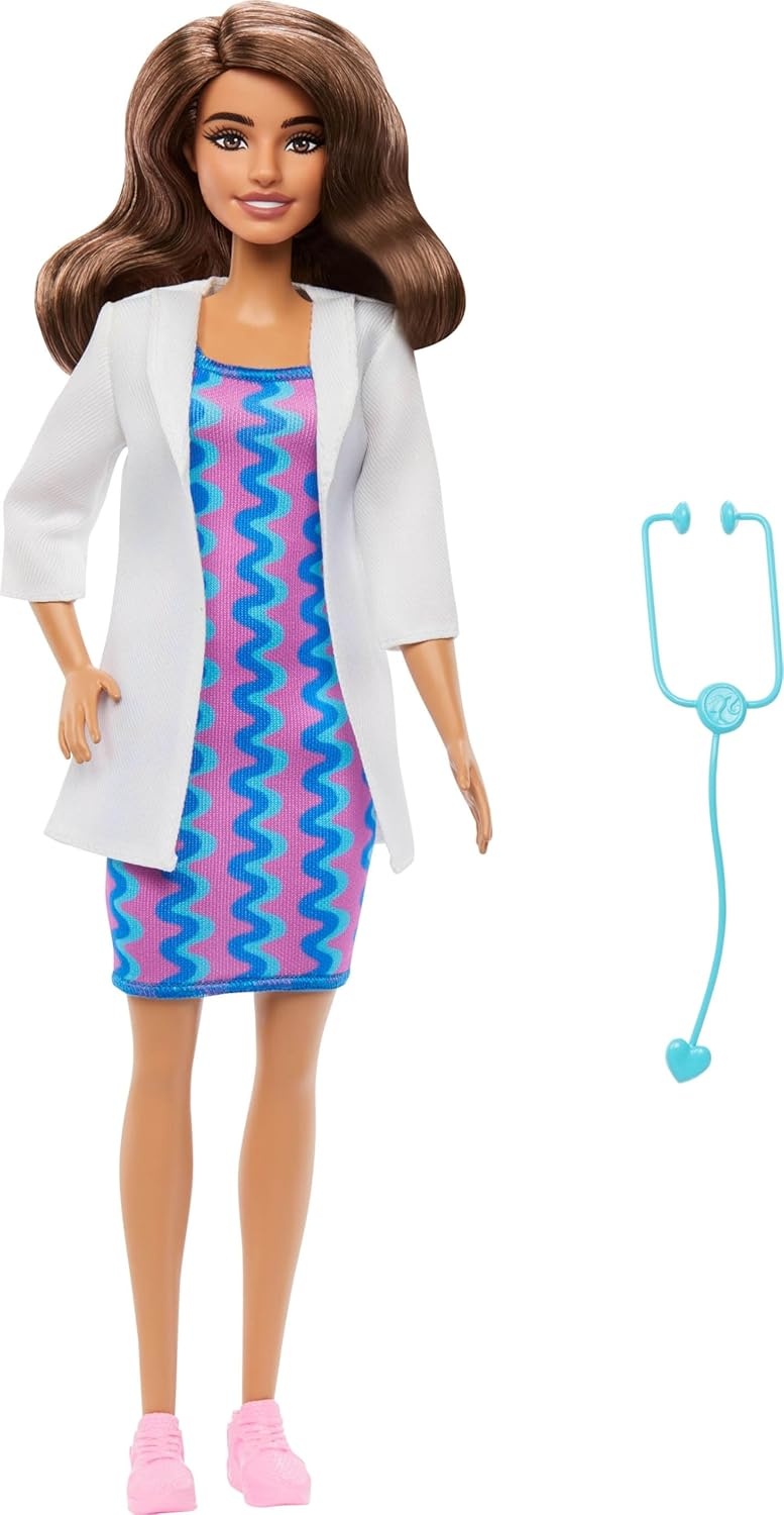imageBarbie Careers Doctor Fashion Doll Wearing Removable Look with White Coat Dress amp Shoes Plus Stethoscope Accessory