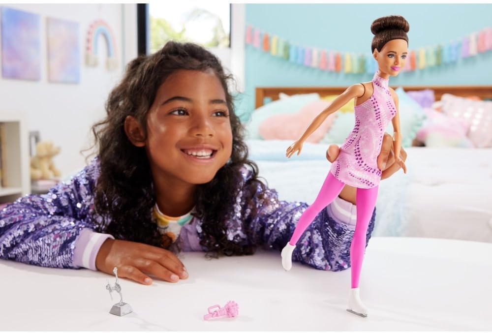 imageBarbie Careers Fashion Doll amp Accessories Brunette Ice Skater in Removable Pink Outfit with Ice Skates amp Trophy