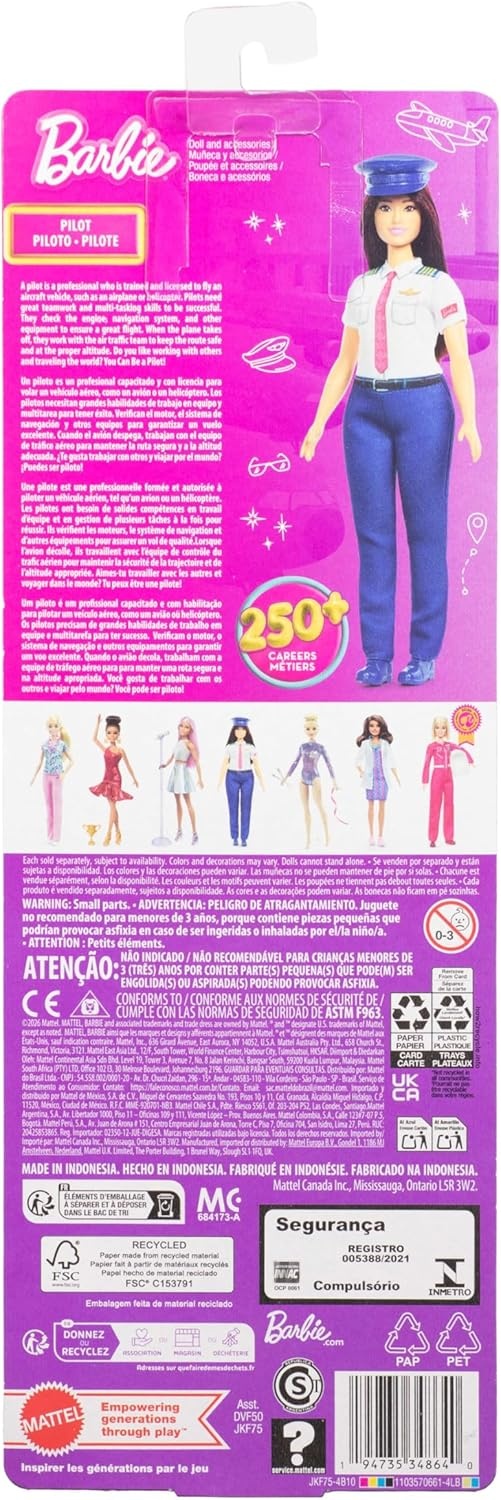 imageBarbie Careers Pilot Fashion Doll Wearing Removable Look with Flight Uniform amp Shoes Plus Hat Accessory
