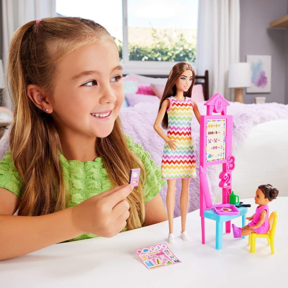 imageBarbie Careers Teacher Playset with Fashion Doll Wearing Removable Dress Toddler Small Doll Classroom Board amp AccessoriesChevron Dress Brunette Student