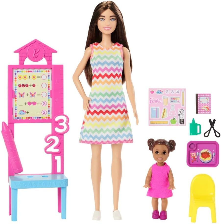 imageBarbie Careers Teacher Playset with Fashion Doll Wearing Removable Dress Toddler Small Doll Classroom Board amp AccessoriesChevron Dress Brunette Student