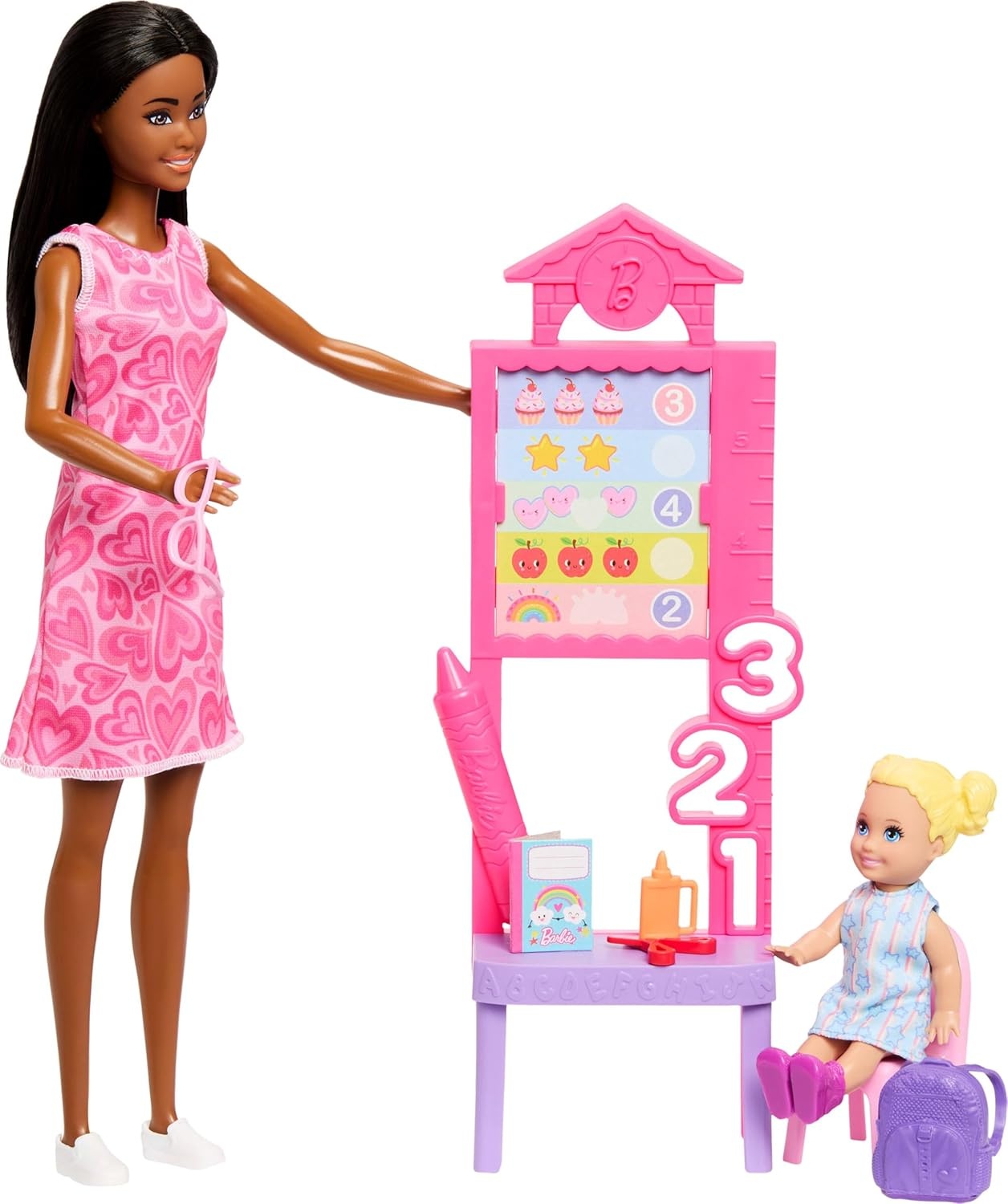 imageBarbie Careers Teacher Playset with Fashion Doll Wearing Removable Dress Toddler Small Doll Classroom Board amp AccessoriesHeart Dress Blonde Student