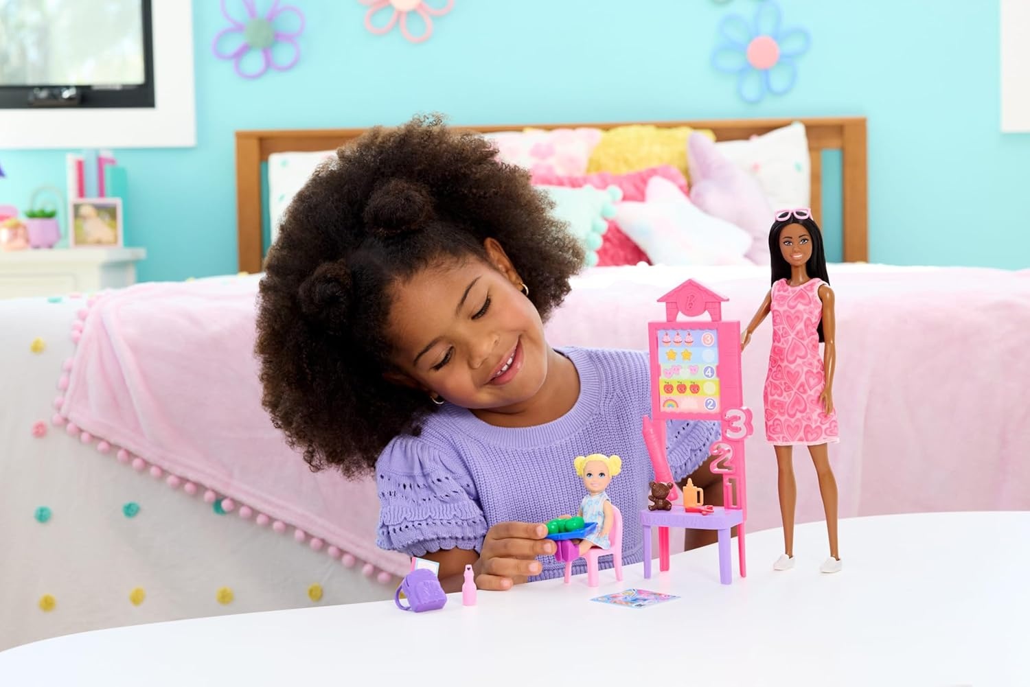 imageBarbie Careers Teacher Playset with Fashion Doll Wearing Removable Dress Toddler Small Doll Classroom Board amp AccessoriesHeart Dress Blonde Student