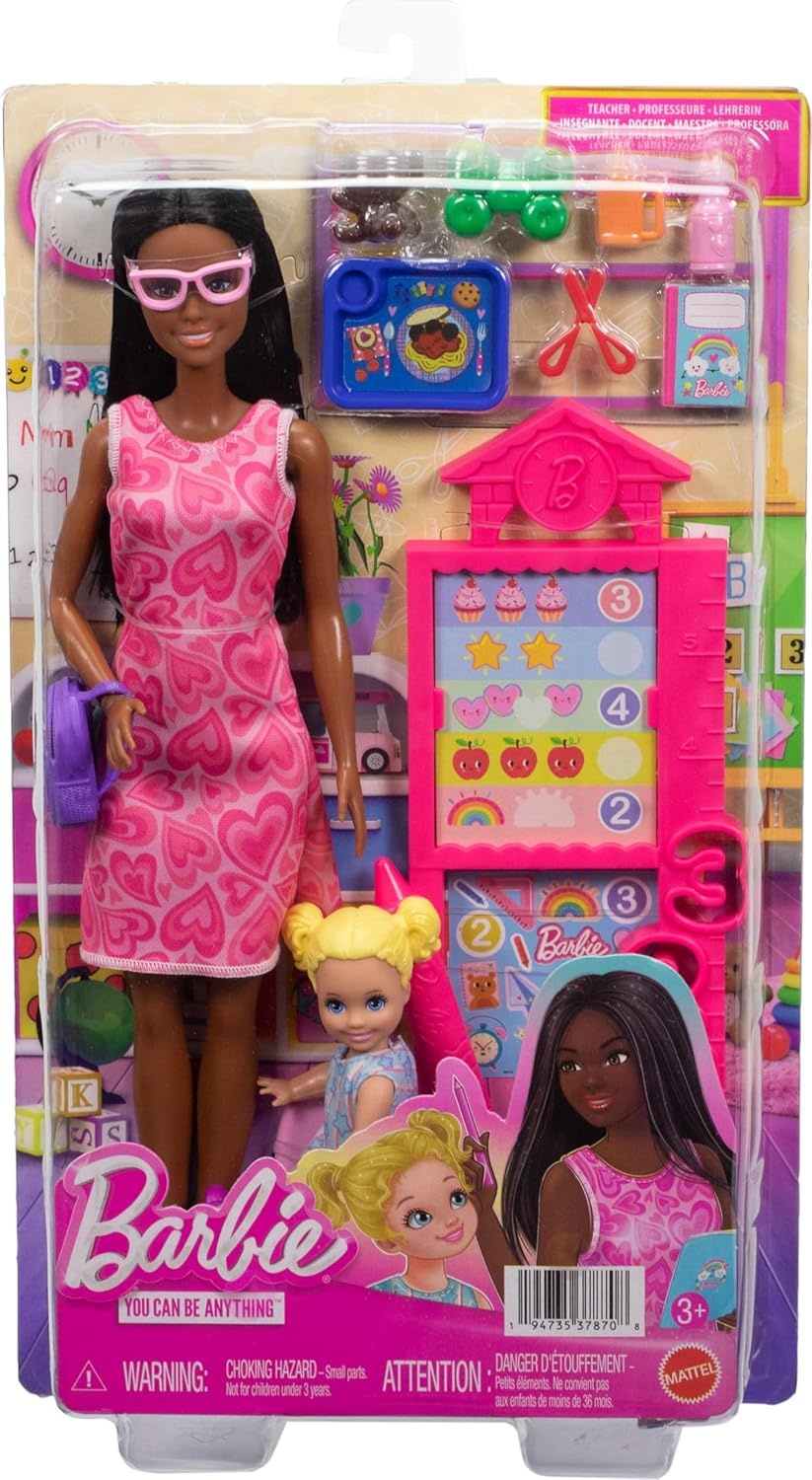 imageBarbie Careers Teacher Playset with Fashion Doll Wearing Removable Dress Toddler Small Doll Classroom Board amp AccessoriesHeart Dress Blonde Student