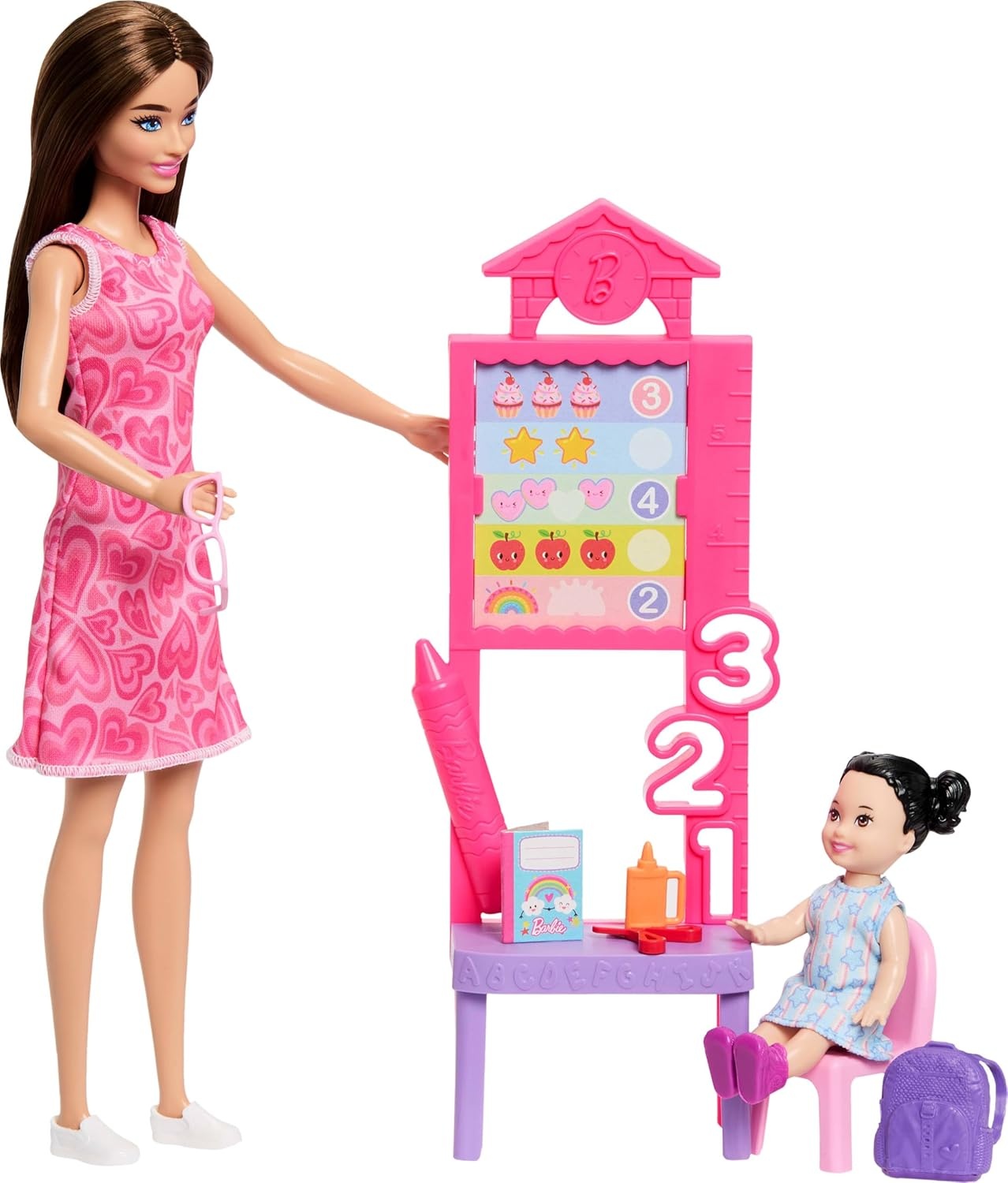 imageBarbie Careers Teacher Playset with Fashion Doll Wearing Removable Dress Toddler Small Doll Classroom Board amp AccessoriesHeart Dress Brunette Student