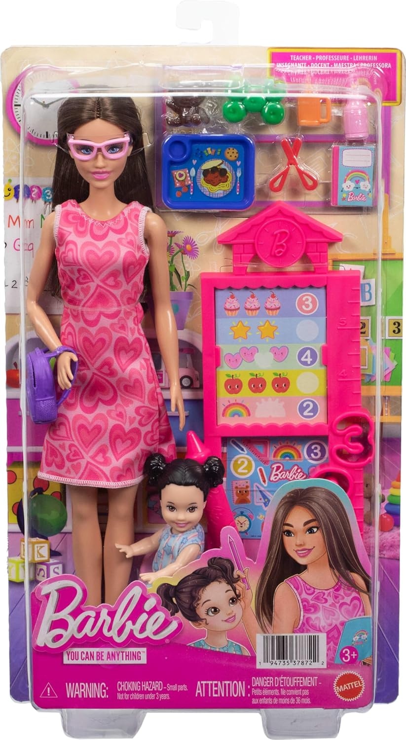 imageBarbie Careers Teacher Playset with Fashion Doll Wearing Removable Dress Toddler Small Doll Classroom Board amp AccessoriesHeart Dress Brunette Student