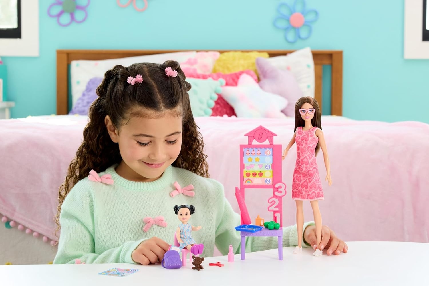 imageBarbie Careers Teacher Playset with Fashion Doll Wearing Removable Dress Toddler Small Doll Classroom Board amp AccessoriesHeart Dress Brunette Student