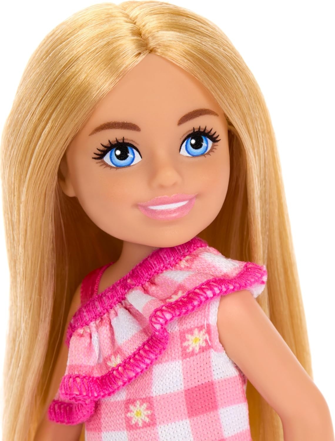 imageBarbie Chelsea Doll Small Doll Wearing Removable Checked Dress amp Pink Shoes with Blonde Hair amp Blue EyesGirl Pink Dress