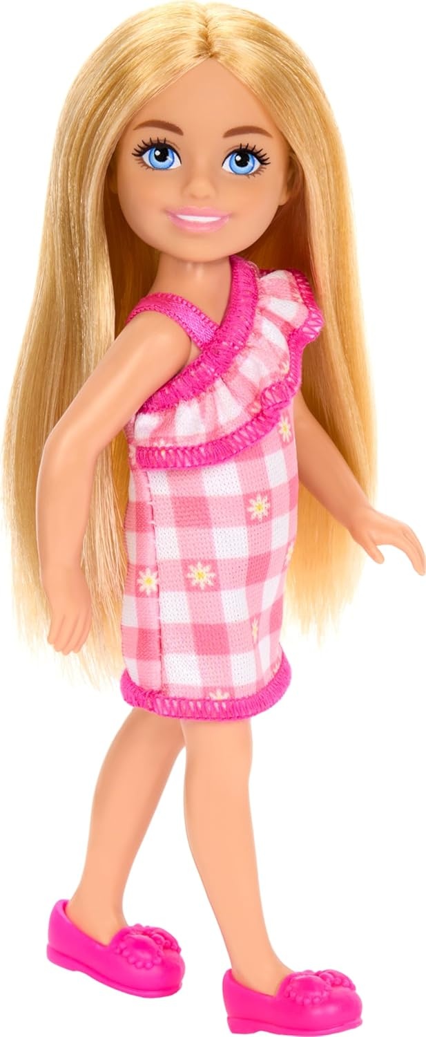 imageBarbie Chelsea Doll Small Doll Wearing Removable Checked Dress amp Pink Shoes with Blonde Hair amp Blue EyesGirl Pink Dress