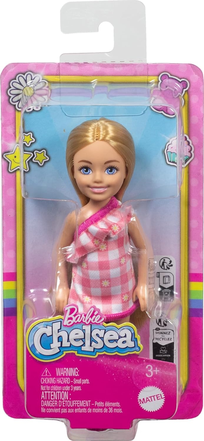 imageBarbie Chelsea Doll Small Doll Wearing Removable Checked Dress amp Pink Shoes with Blonde Hair amp Blue EyesGirl Pink Dress