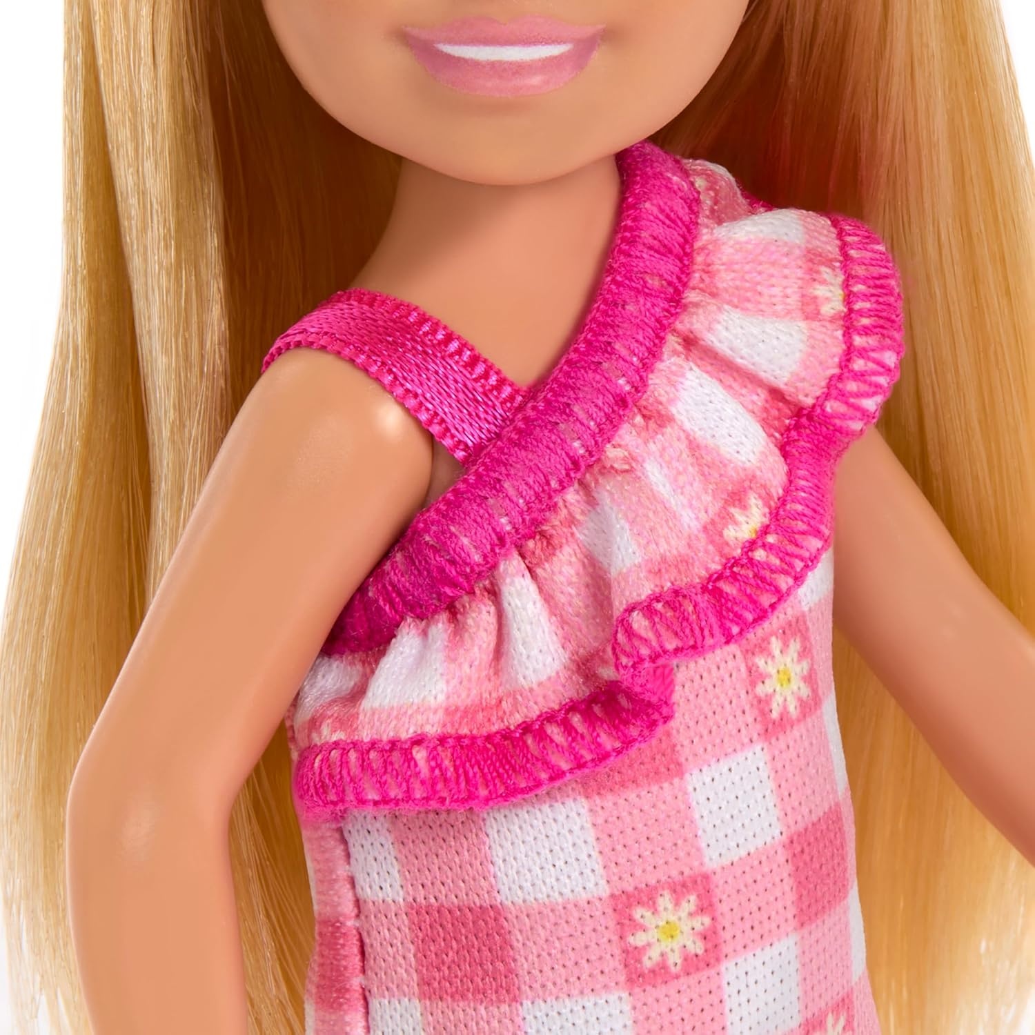 imageBarbie Chelsea Doll Small Doll Wearing Removable Checked Dress amp Pink Shoes with Blonde Hair amp Blue EyesGirl Pink Dress