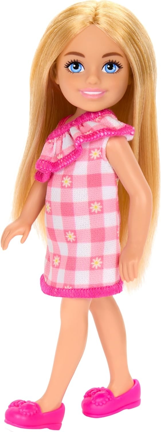 imageBarbie Chelsea Doll Small Doll Wearing Removable Checked Dress amp Pink Shoes with Blonde Hair amp Blue EyesGirl Pink Dress