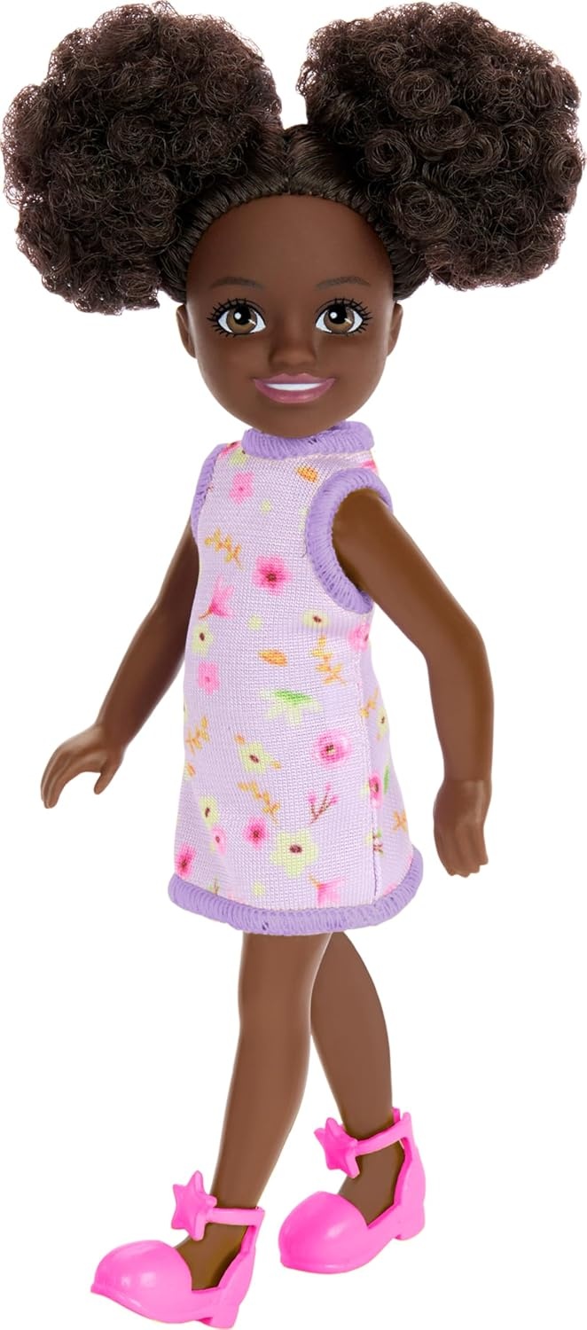 imageBarbie Chelsea Doll Small Doll Wearing Removable Checked Dress amp Pink Shoes with Blonde Hair amp Blue EyesGirl Purple Dress