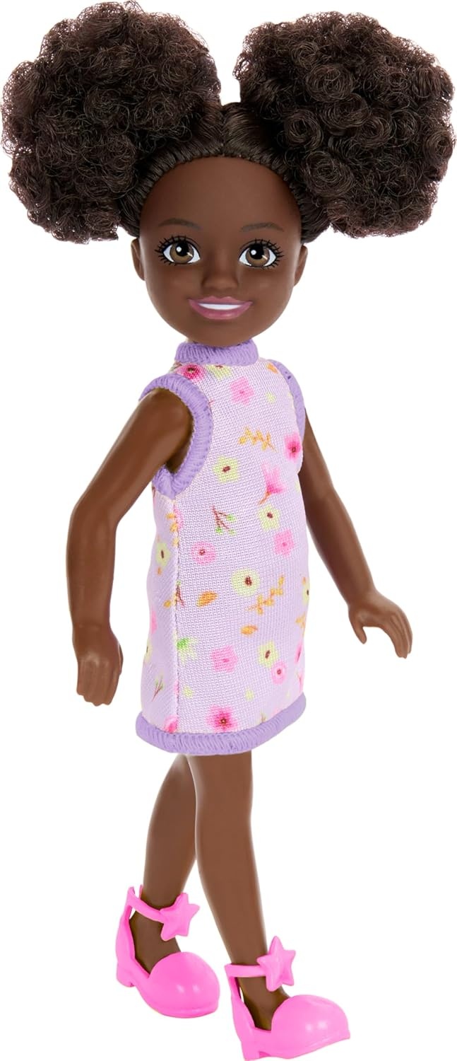 imageBarbie Chelsea Doll Small Doll Wearing Removable Checked Dress amp Pink Shoes with Blonde Hair amp Blue EyesGirl Purple Dress