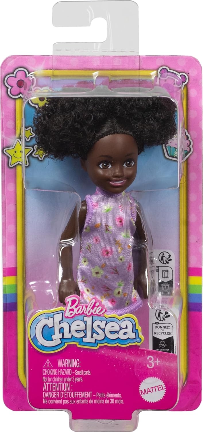 imageBarbie Chelsea Doll Small Doll Wearing Removable Checked Dress amp Pink Shoes with Blonde Hair amp Blue EyesGirl Purple Dress