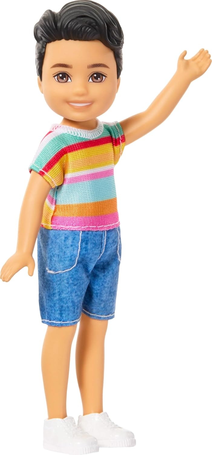 imageBarbie Club Chelsea Koji 6Inch Boy Small Doll with Brunette Hair Wearing Removable Striped Shirt Shorts amp Shoes