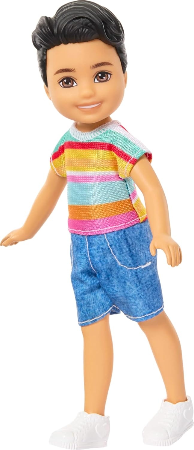 imageBarbie Club Chelsea Koji 6Inch Boy Small Doll with Brunette Hair Wearing Removable Striped Shirt Shorts amp Shoes