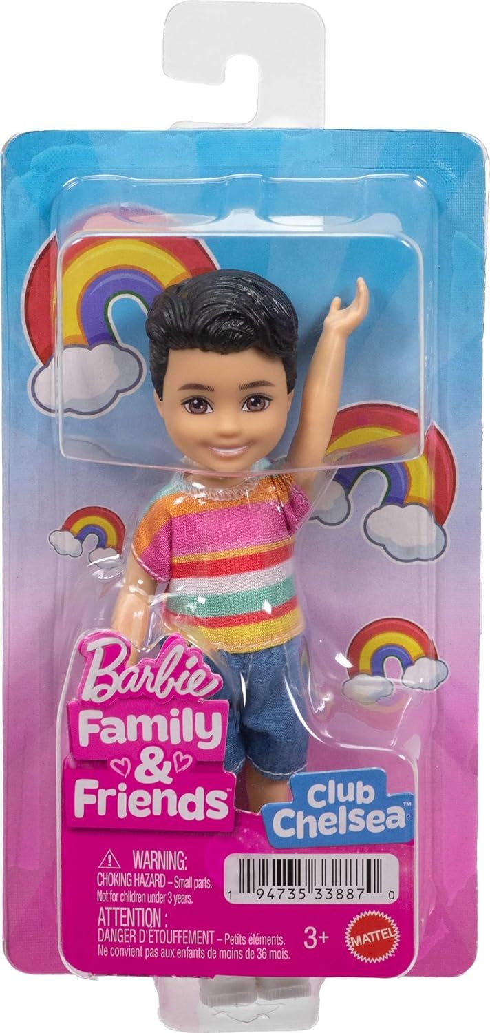 imageBarbie Club Chelsea Koji 6Inch Boy Small Doll with Brunette Hair Wearing Removable Striped Shirt Shorts amp Shoes