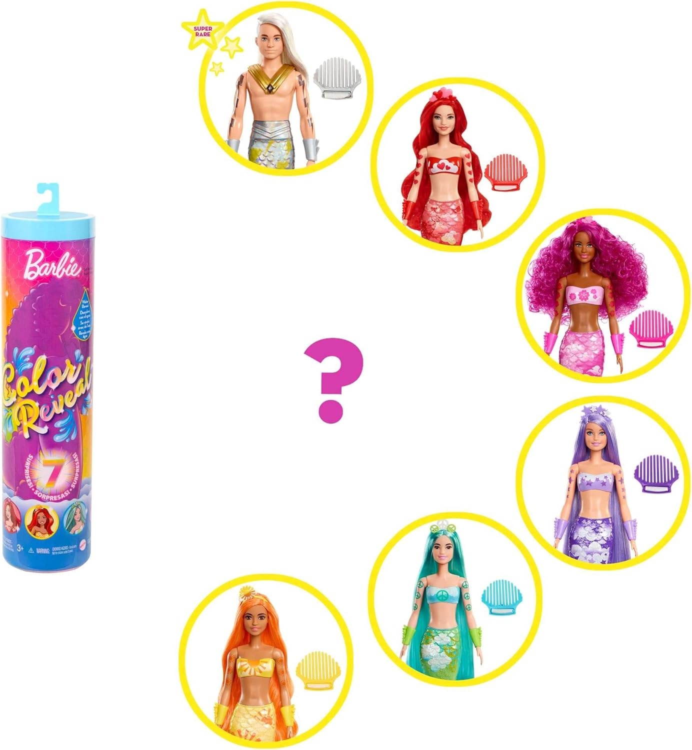 imageBarbie Color Reveal Doll amp Accessories Rainbow Mermaid Series 7 Surprises 1 Mermaid Barbie Doll Styles May Vary