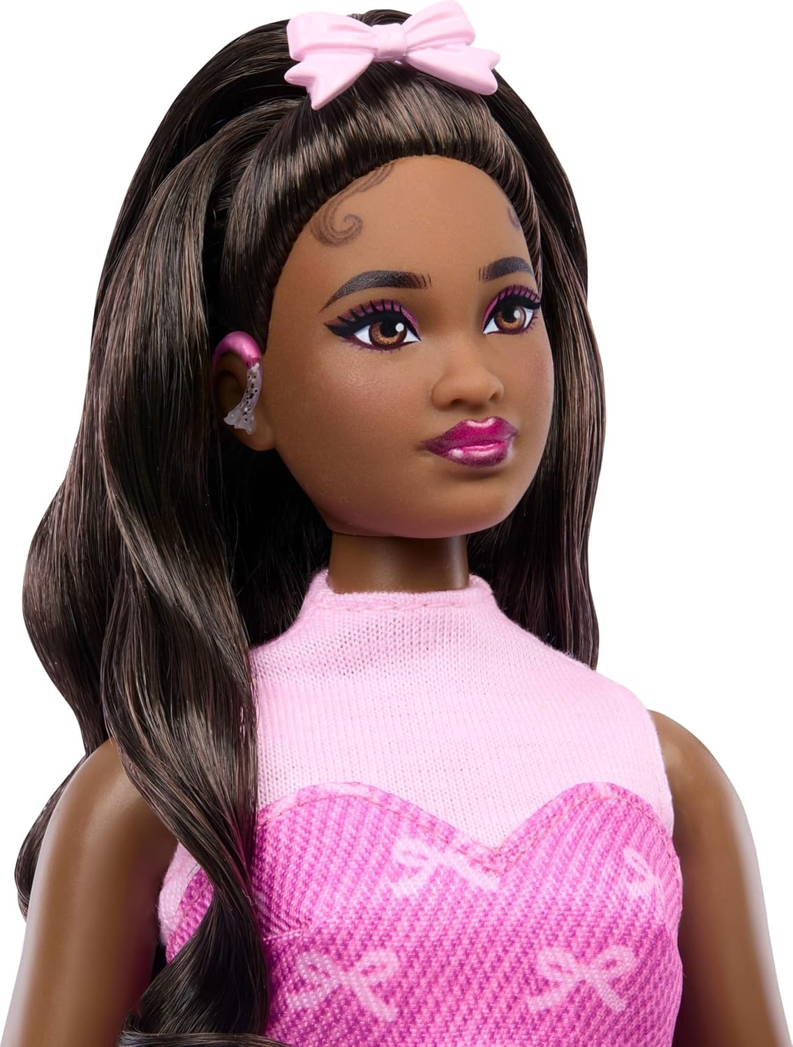 imageBarbie Deluxe Style Doll 10 in Pink Denim Top and Skirt Set with Bow Print Black Hair BehindtheEar Hearing Aids and Accessories Like Handbag