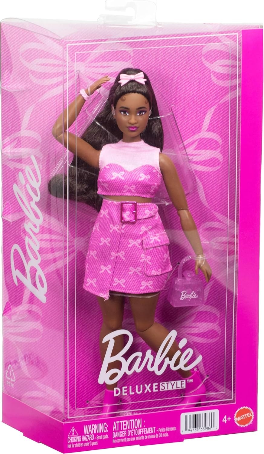 imageBarbie Deluxe Style Doll 10 in Pink Denim Top and Skirt Set with Bow Print Black Hair BehindtheEar Hearing Aids and Accessories Like Handbag