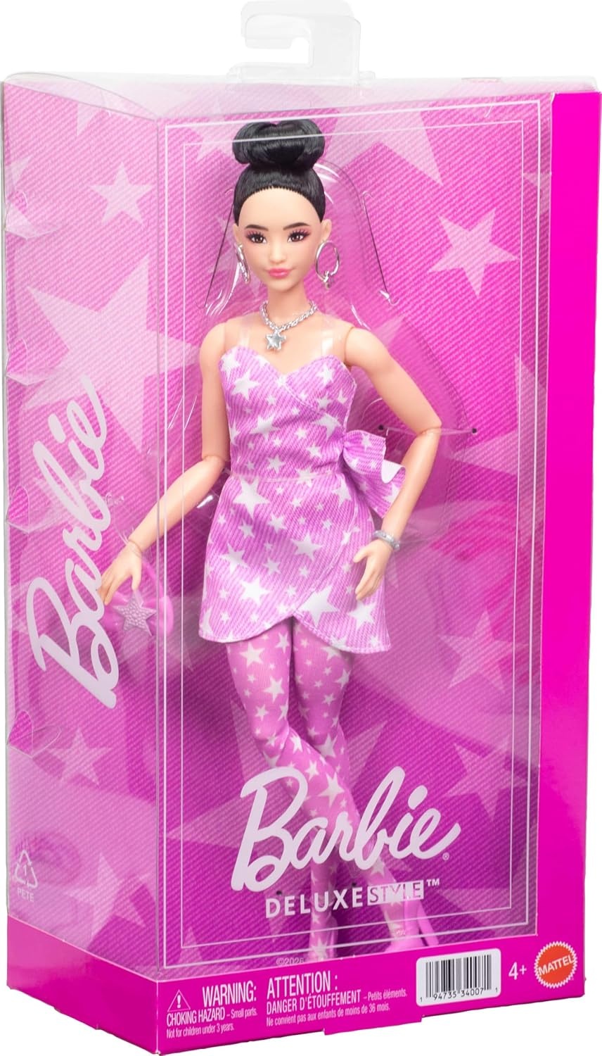 imageBarbie Deluxe Style Doll 11 in Pink Denim StarPrint Dress with Matching Tights Black Hair in High Bun Accessories Like Handbag and Jewelry