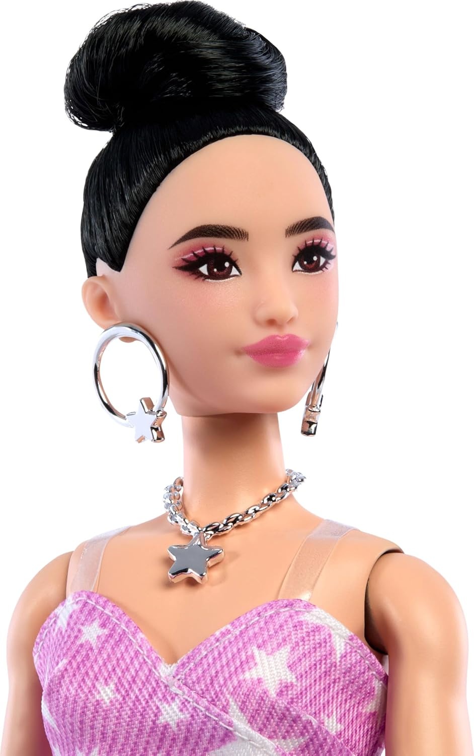 imageBarbie Deluxe Style Doll 11 in Pink Denim StarPrint Dress with Matching Tights Black Hair in High Bun Accessories Like Handbag and Jewelry