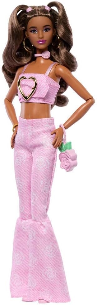 imageBarbie Deluxe Style Doll 12 in Pink Denim Crop Top with Matching Rose Print Flare Jeans Wavy Brown Hair Accessories Like Rose Handbag and Jewelry