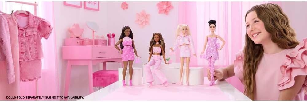 imageBarbie Deluxe Style Doll 12 in Pink Denim Crop Top with Matching Rose Print Flare Jeans Wavy Brown Hair Accessories Like Rose Handbag and Jewelry