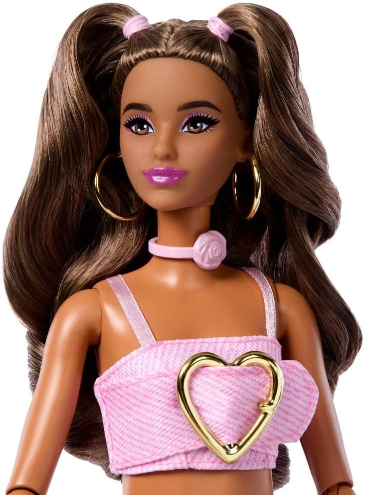 imageBarbie Deluxe Style Doll 12 in Pink Denim Crop Top with Matching Rose Print Flare Jeans Wavy Brown Hair Accessories Like Rose Handbag and Jewelry