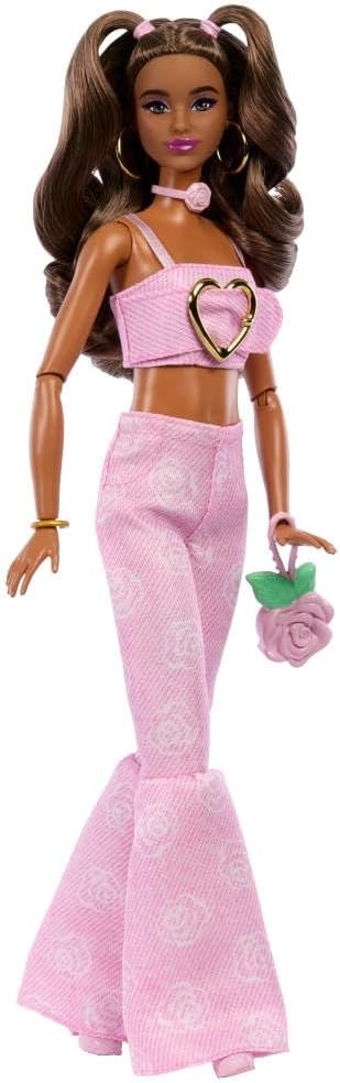 imageBarbie Deluxe Style Doll 12 in Pink Denim Crop Top with Matching Rose Print Flare Jeans Wavy Brown Hair Accessories Like Rose Handbag and Jewelry
