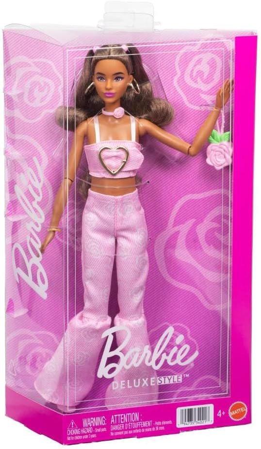 imageBarbie Deluxe Style Doll 12 in Pink Denim Crop Top with Matching Rose Print Flare Jeans Wavy Brown Hair Accessories Like Rose Handbag and Jewelry