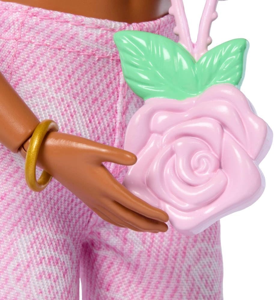 imageBarbie Deluxe Style Doll 12 in Pink Denim Crop Top with Matching Rose Print Flare Jeans Wavy Brown Hair Accessories Like Rose Handbag and Jewelry