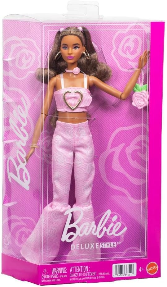 imageBarbie Deluxe Style Doll 12 in Pink Denim Crop Top with Matching Rose Print Flare Jeans Wavy Brown Hair Accessories Like Rose Handbag and Jewelry