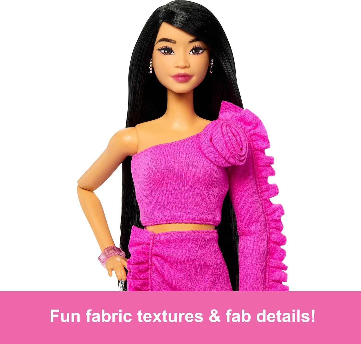 imageBarbie Deluxe Style Doll 2 in Barbiecore Outfit Black Hair and Glittery Prosthetic Leg Pink Top and Skirt Set with Rosette Detail and AccessoriesMulticolor