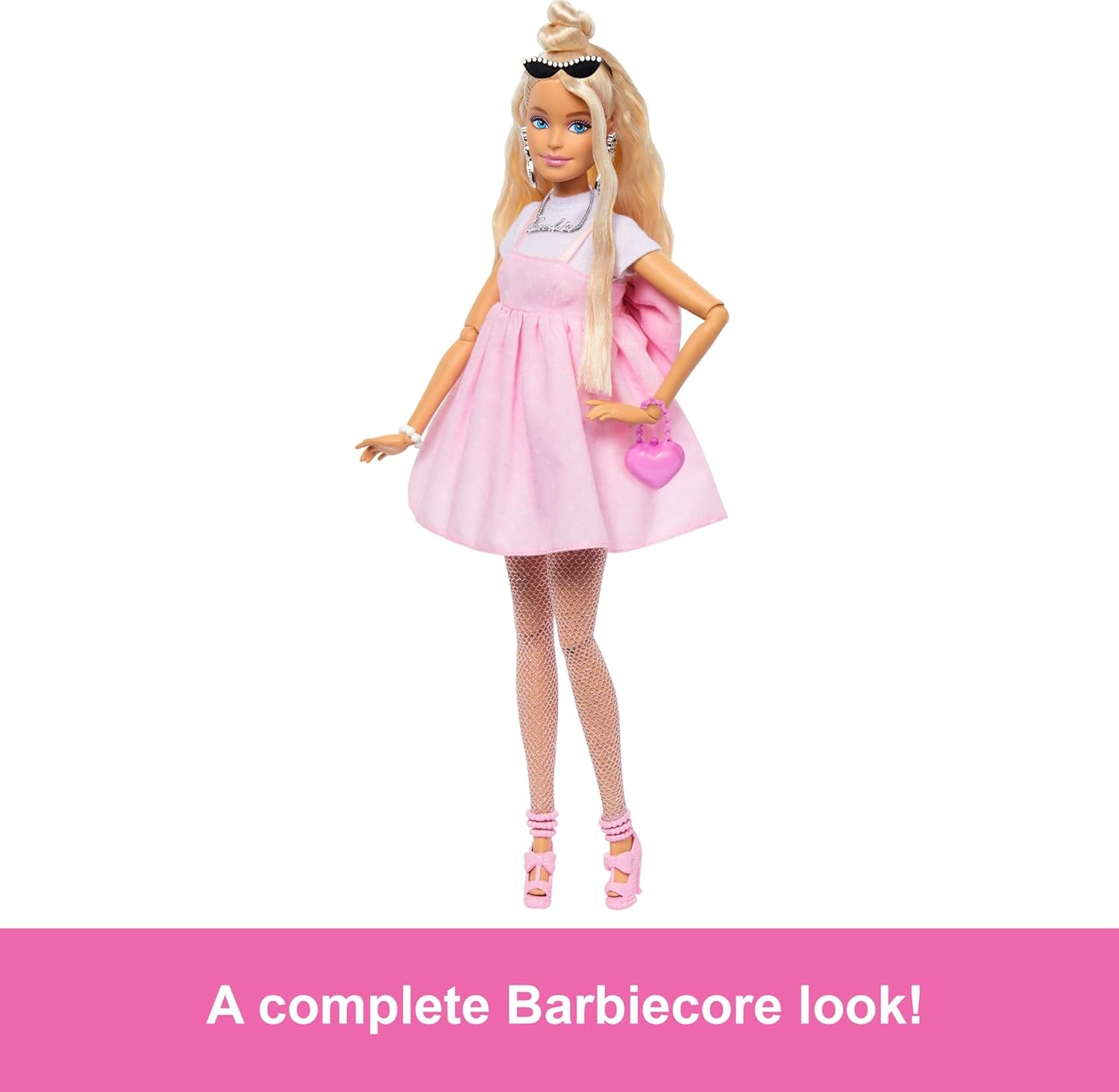 imageBarbie Deluxe Style Doll 3 in Barbiecore Outfit Blond Hair in Top Knot Pink Pastel Dress with Oversized Bow and Accessories Like Mesh Tights