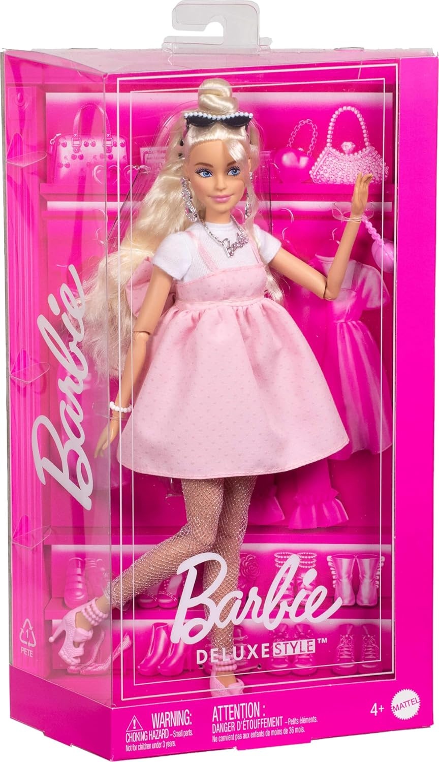 imageBarbie Deluxe Style Doll 3 in Barbiecore Outfit Blond Hair in Top Knot Pink Pastel Dress with Oversized Bow and Accessories Like Mesh Tights