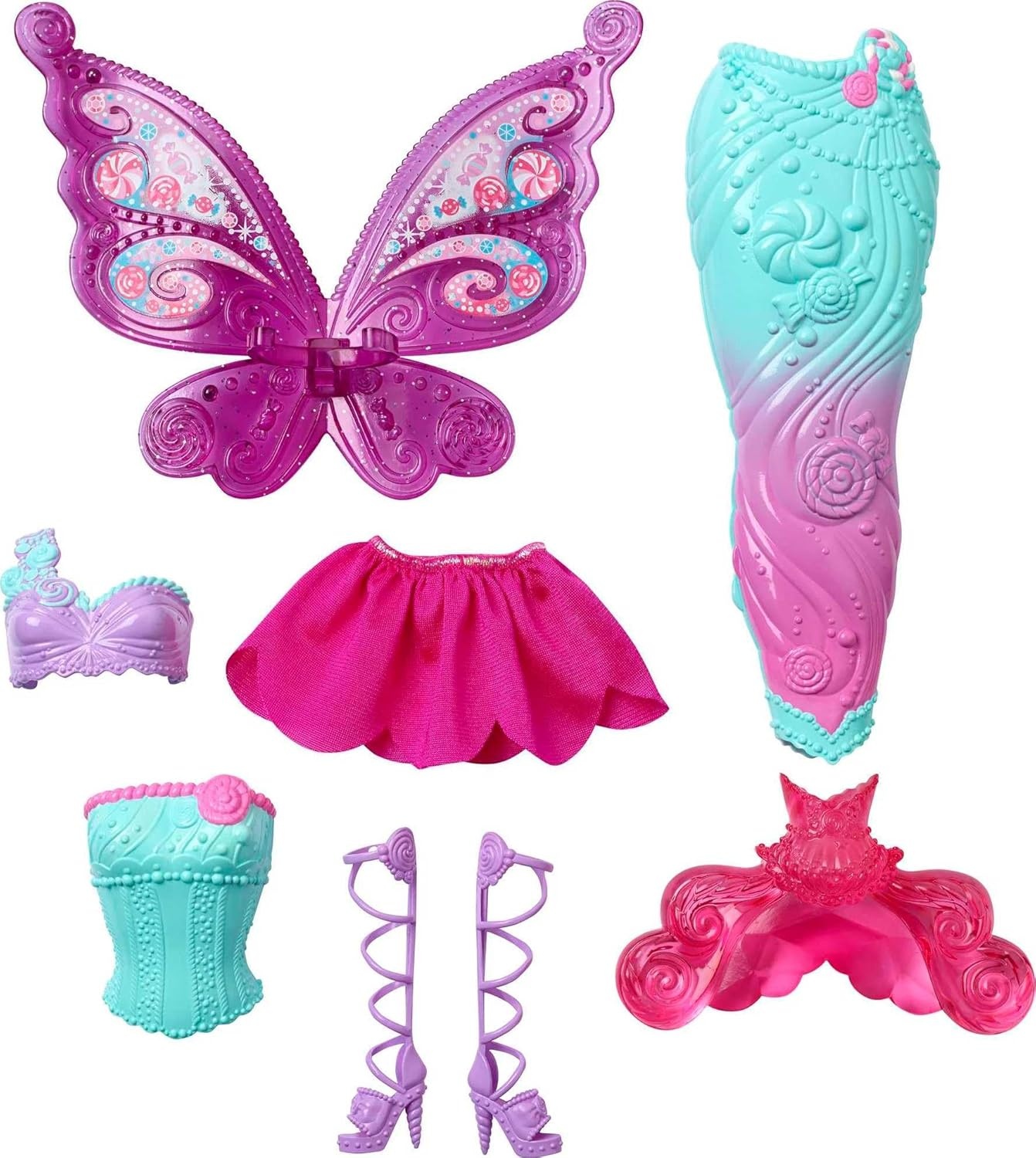 imageBarbie Doll Fantasy DressUp Set with Blonde Fashion Doll CandyInspired Clothes amp Accessories like Fairy Wings amp Mermaid TailBarbie Fantasy