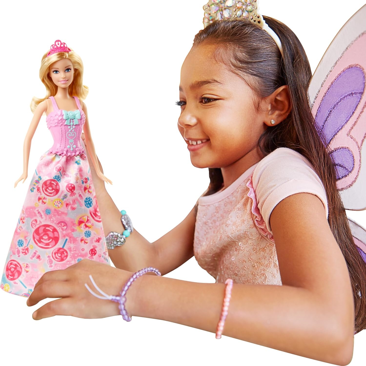 imageBarbie Doll Fantasy DressUp Set with Blonde Fashion Doll CandyInspired Clothes amp Accessories like Fairy Wings amp Mermaid TailBarbie Fantasy