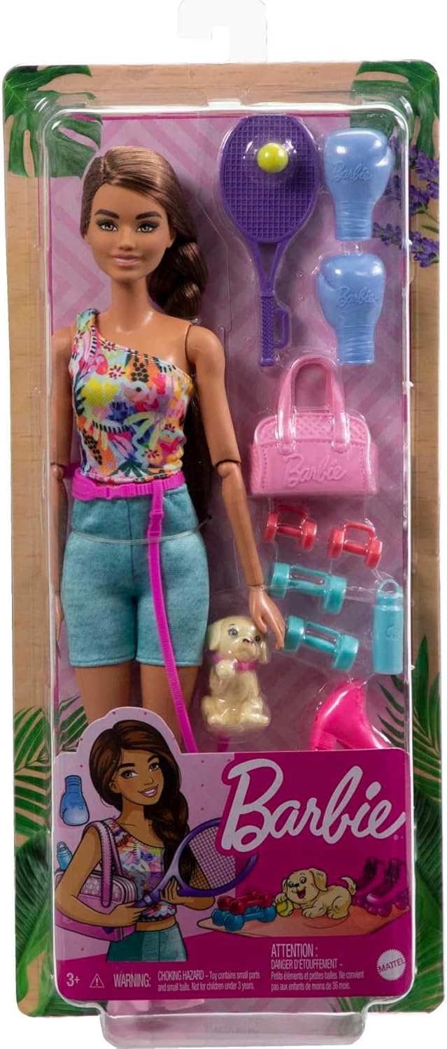 imageBarbie Doll Kids Toys Brunette Doll with Pet Puppy Barbie Sets Workout Theme with Accessories SelfCare Series Roller Skates and TennisBrunette