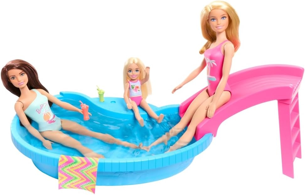 imageBarbie Doll amp Pool Playset Blonde in Tropical Pink OnePiece Swimsuit with Pool Slide Towel amp Drink AccessoriesBlonde in Tropical Pink