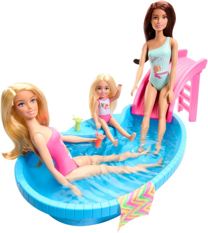 imageBarbie Doll amp Pool Playset Blonde in Tropical Pink OnePiece Swimsuit with Pool Slide Towel amp Drink AccessoriesBlonde in Tropical Pink